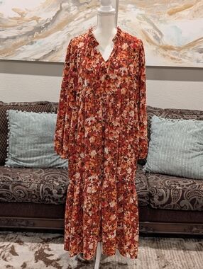 Floral Tiered Long Sleeve Dress - Rust Multi